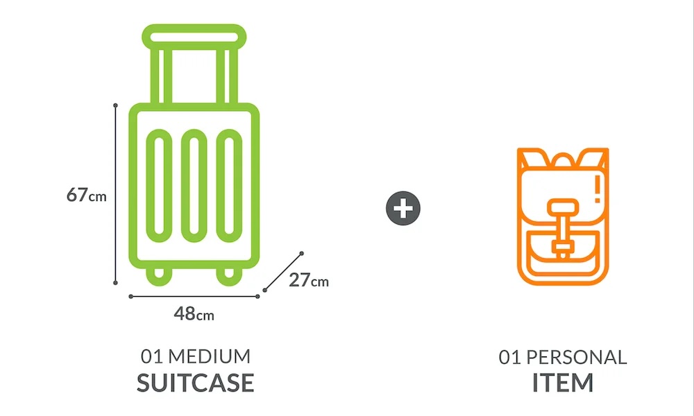 דיאגרמה של מידות המזוודות עבור מזוודה ופריטים אישיים. המזוודה בגודל 48 על 27 ס"מ והפריט האישי הוא תיק גב קטן, ללא מידות רשומות.